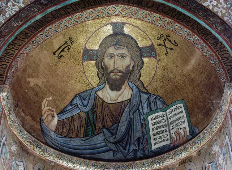Cristo Pantocratore (XII secolo), mosaico. Cefalù, duomo, abside (Scala)